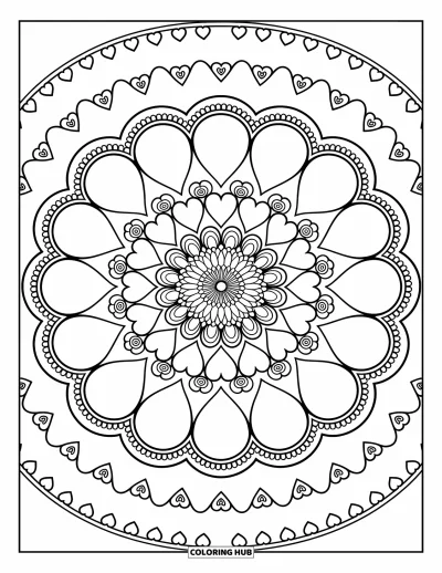Coloriage de mandala en cœur pour adultes : De petits cœurs et des roses garnissent chaque anneau, pour finir sur une douce bordure festonnée en chaîne de cœurs