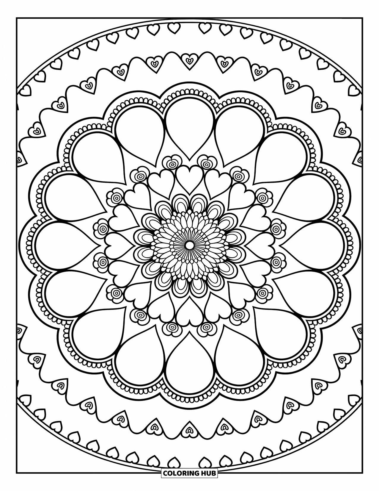 Heart Mandala Coloring Page for Adults: Tiny hearts and roses fill each ring, ending in a sweet scalloped heart chain border