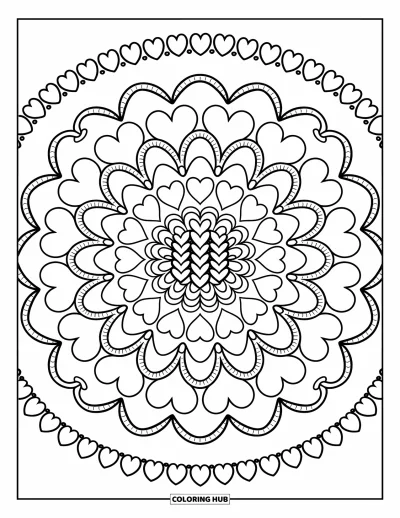 Coloriage de mandala en cœur pour adultes : De petits cœurs en dentelle forment un cercle dense entouré de roses, de festons et de chaînes de cœurs