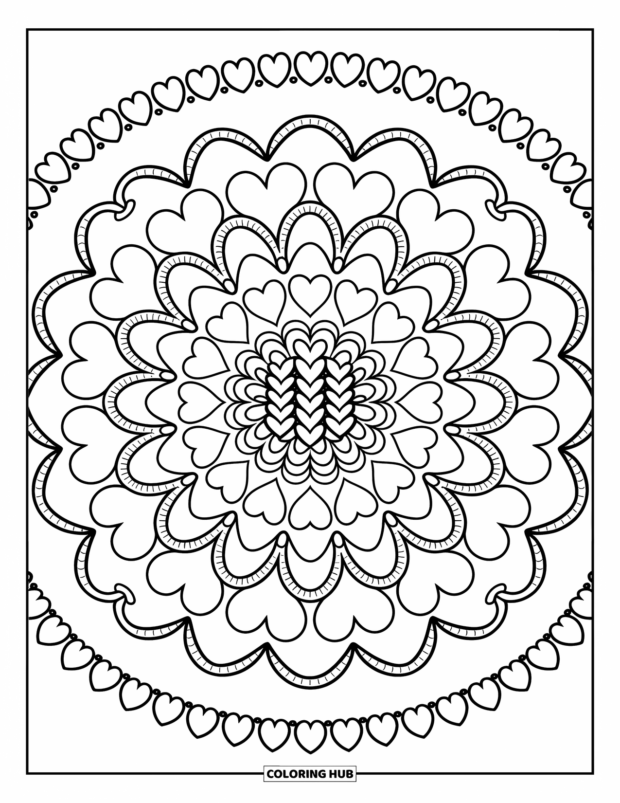Heart Mandala Coloring Page for Adults: Tiny lace hearts form a dense circle surrounded by roses, scallops, and heart chains
