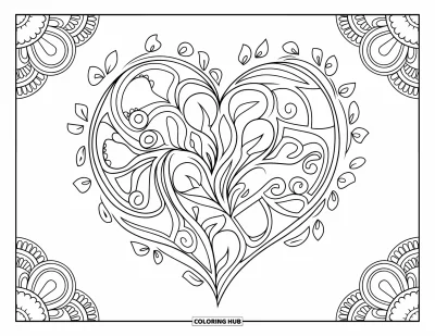 Coloriage de mandala en cœur pour adultes : Des vignes et des pétales s'animent autour d'un mandala en cœur riche en détails élégants et artistiques