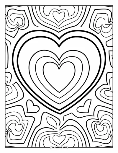 Coloriage de mandala en cœur pour enfants : Un mandala de cœurs et de cercles aux grandes formes dégage une atmosphère joyeuse et entraînante