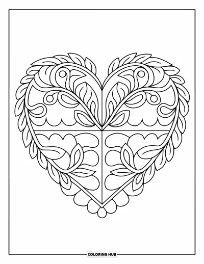 Coloriage de mandala en cœur pour enfants : Un mandala en cœur audacieux divisé en sections ornées de branchages et de festons