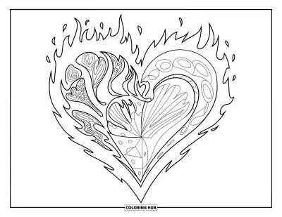 Coloriage de mandala en cœur pour enfants : Un mandala en cœur audacieux fait de flammes et de volutes éclate de détails dramatiques