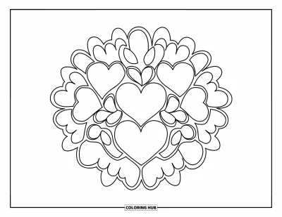 Coloriage de mandala en cœur pour enfants : Un mandala en cœur aux grands pétales s'épanouit joyeusement jusqu'aux bords de la page