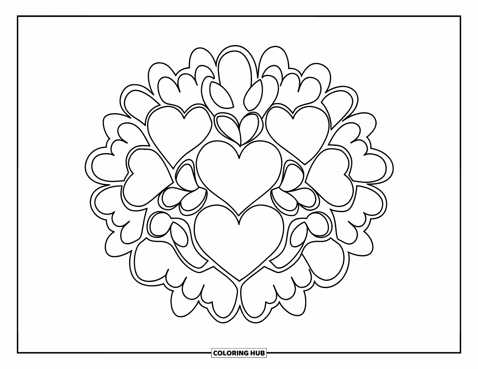Heart Mandala Coloring Page for Kids: A bold heart mandala with large petals spreads joyfully to the page edges