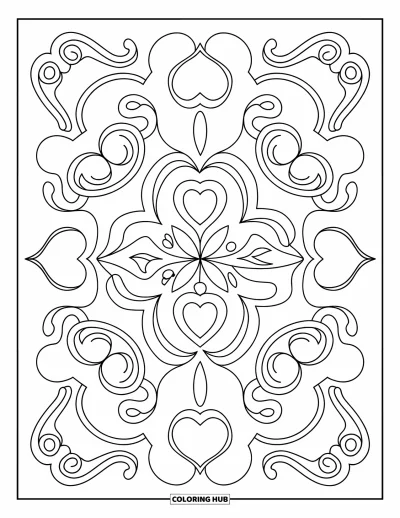 Coloriage de mandala en cœur pour enfants : Un mandala de cœurs et de courbes rayonne d'une belle symétrie d'esprit tribal