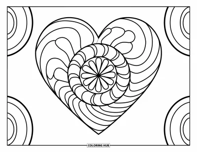 Coloriage de mandala en cœur pour enfants : Un mandala de cœurs, de spirales et de cercles rayonne d'une énergie joyeuse et pétillante