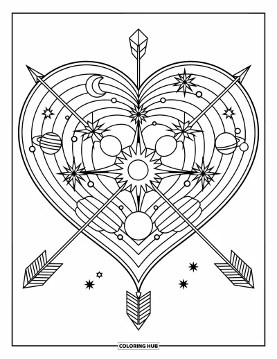 Coloriage de mandala en cœur pour enfants : Un mandala audacieux rayonne depuis un cœur, orné de flèches, d'étoiles et de motifs superposés