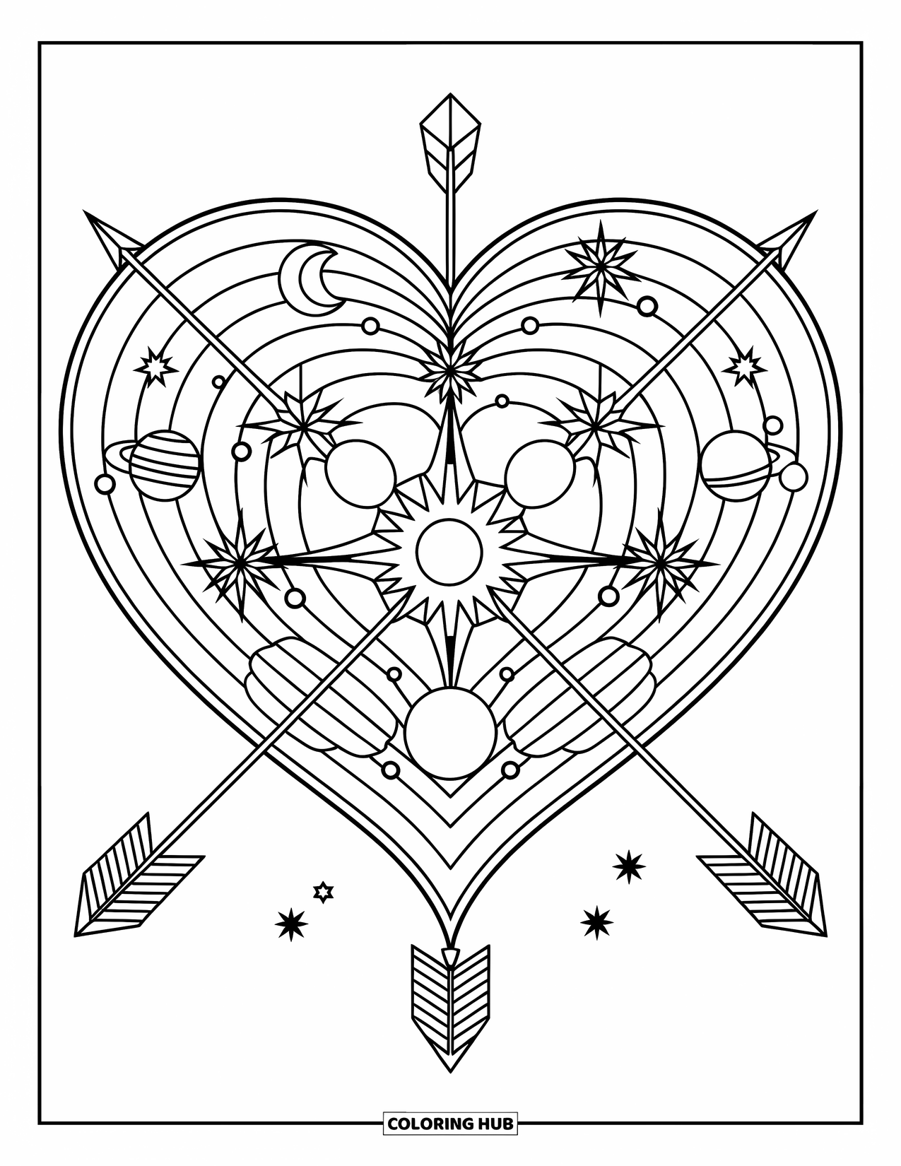 Heart Mandala Coloring Page for Kids: A bold mandala spreads from a heart, filled with arrows, stars, and layered patterns