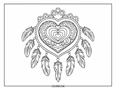 Coloriage de mandala en cœur pour enfants : Un mandala en cœur centré, orné de détails en plumes et de perles, se déploie doucement sur la page