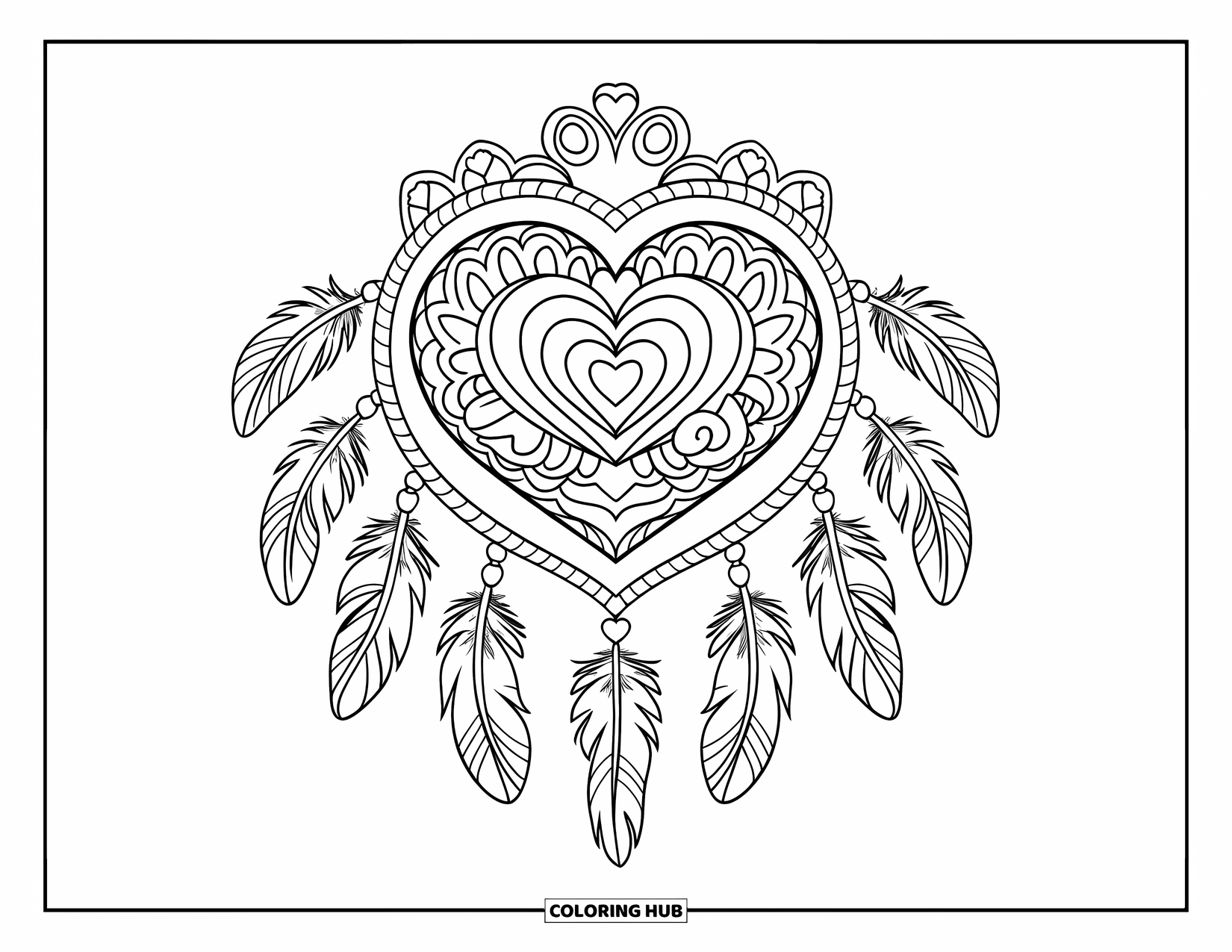 Heart Mandala Coloring Page for Kids: A centered heart mandala with feather details and beads spreads gently across the page