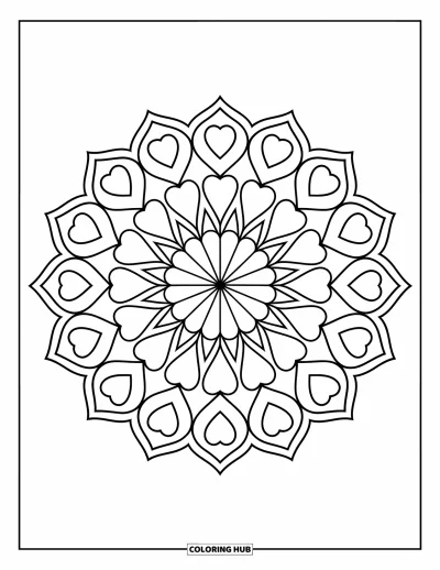 Coloriage de mandala en cœur pour enfants : Un joyeux mandala en soleil fait de cœurs et de triangles pour un coloriage tout simple