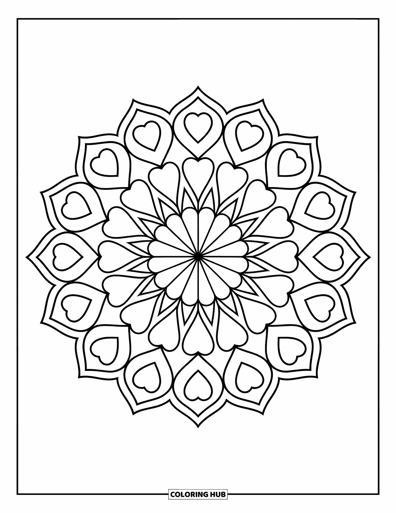 Heart Mandala Coloring Page for Kids: A cheerful sunburst mandala made of hearts and triangles for simple coloring fun