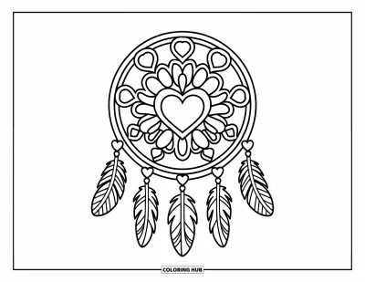 Coloriage de mandala en cœur pour enfants : Un mandala en cœur circulaire avec des plumes et des boucles crée une atmosphère douce et onirique