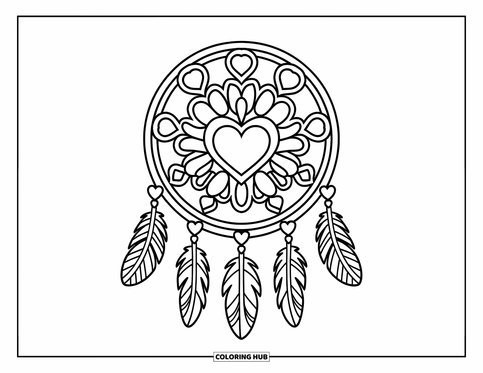Heart Mandala Coloring Page for Kids: A circular heart mandala with feathers and loops adds a soft and dreamy vibe