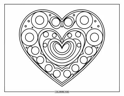 Coloriage de mandala en cœur pour enfants : Un mandala circulaire de cœurs et de spirales, idéal pour un coloriage ludique et plein de gaieté