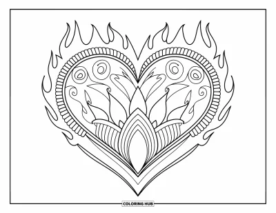 Coloriage de mandala en cœur pour enfants : Un mandala en cœur saisissant s'embrase de flammes virevoltantes et d'un travail au trait texturé