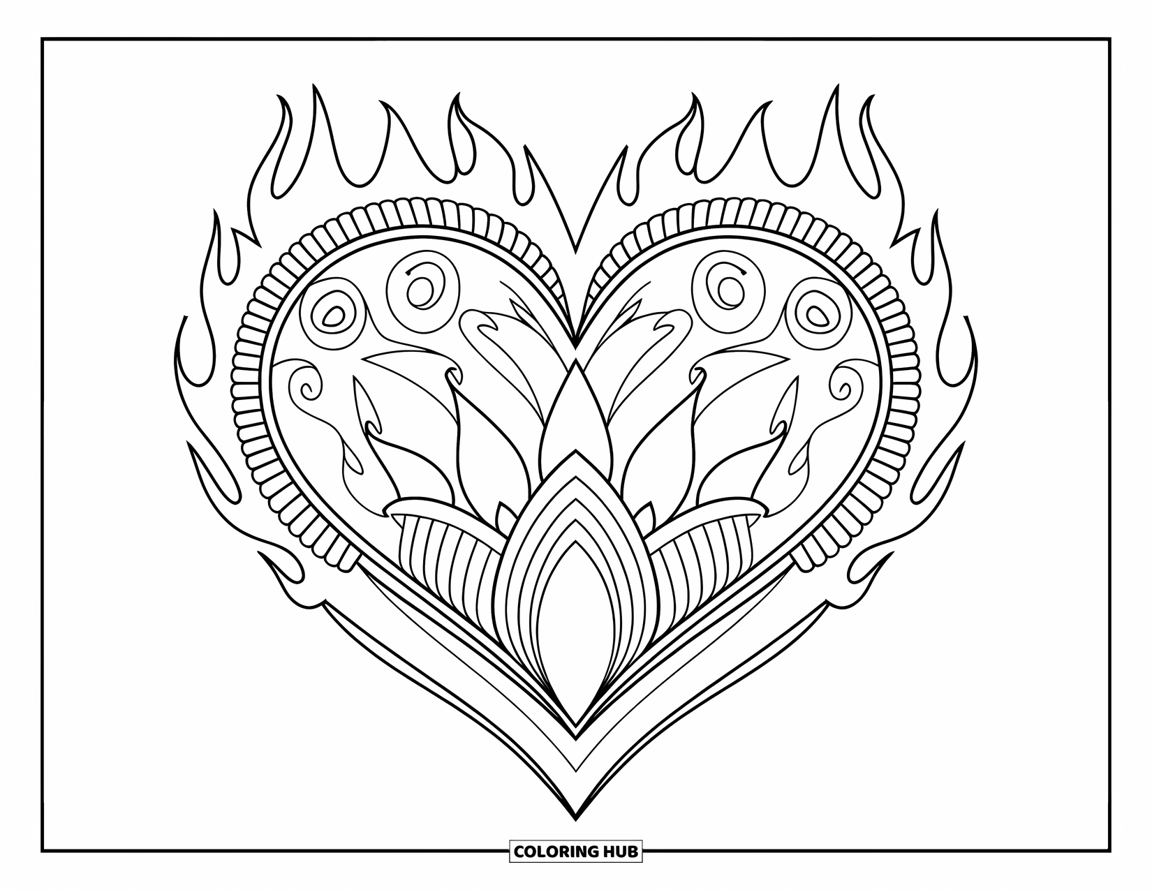 Heart Mandala Coloring Page for Kids: A dramatic heart mandala burns with swirling flames and textured line art