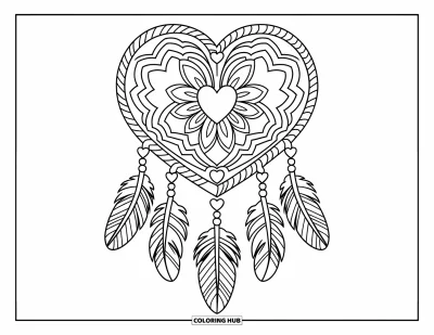 Coloriage de mandala en cœur pour enfants : Un mandala façon attrape-rêves présente des cœurs, des plumes et des boucles dans un dessin symétrique tout doux