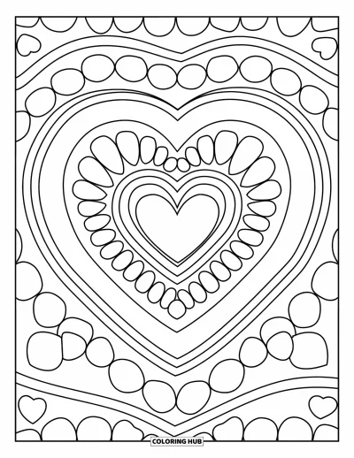 Coloriage de mandala en cœur pour enfants : Un mandala gai avec de grands cœurs et des cercles épais, parfait pour les petites mains