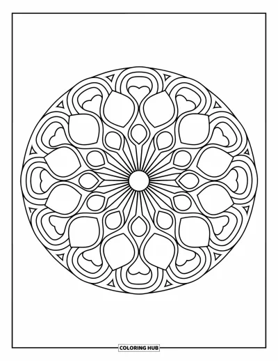 Coloriage de mandala en cœur pour enfants : Un soleil de cœurs et de triangles s'étend sur la page en motifs audacieux et amusants