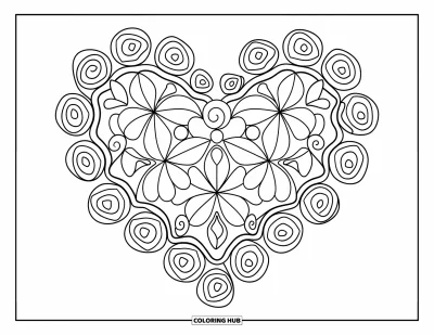 Coloriage de mandala en cœur pour enfants : Un cœur fait de pétales et de spirales trône au centre de ce mandala décoratif