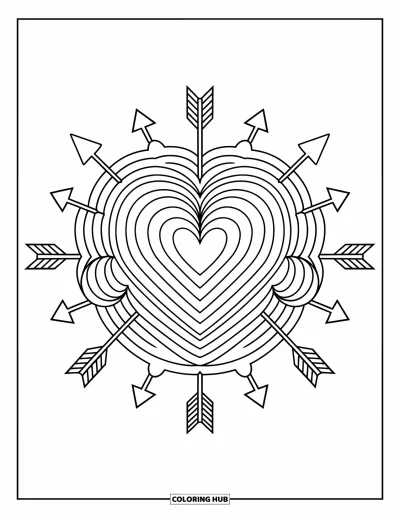 Coloriage de mandala en cœur pour enfants : Un mandala en cœur rayonne d'anneaux de flèches, d'étoiles et de détails célestes dans chaque recoin