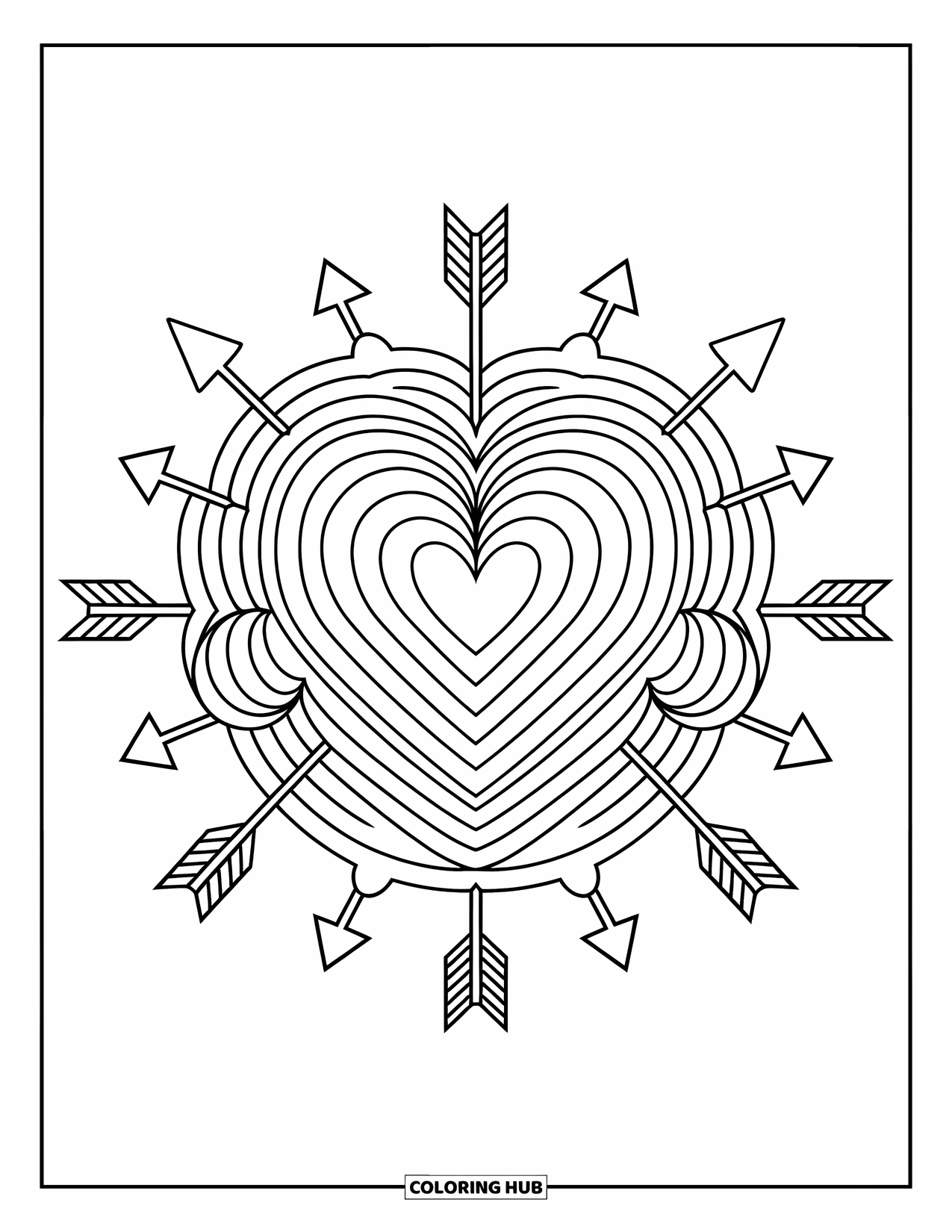 Heart Mandala Coloring Page for Kids: A heart mandala glows with arrow rings, stars, and celestial details in every corner
