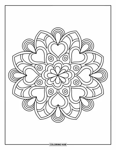 Coloriage de mandala en cœur pour enfants : Un mandala en cœur fait de boucles et de petits cœurs crée un dessin amusant pleine page