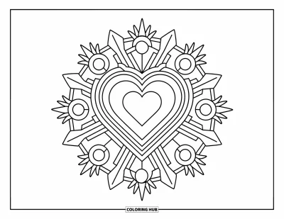 Coloriage de mandala en cœur pour enfants : Un mandala en cœur étincelle d'étoiles rayonnantes, de fleurs et de lignes géométriques fantaisistes