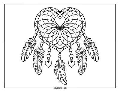 Coloriage de mandala en cœur pour enfants : Un mandala attrape-rêves en forme de cœur, avec des plumes, des boucles et des perles en cœur, couvre toute la page