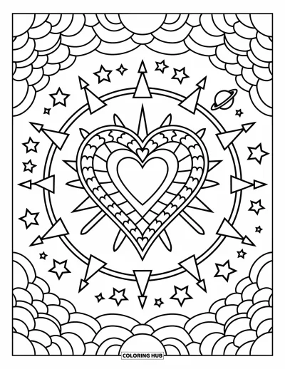 Coloriage de mandala en cœur pour enfants : Un cœur entouré d'anneaux de flèches et d'étoiles brille dans ce mandala d'esprit cosmique
