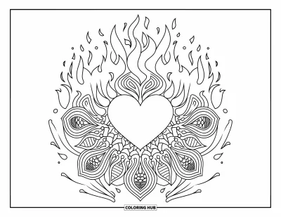 Coloriage de mandala en cœur pour enfants : Un cœur entouré de flammes rayonnantes et de tourbillons forme un centre de mandala saisissant