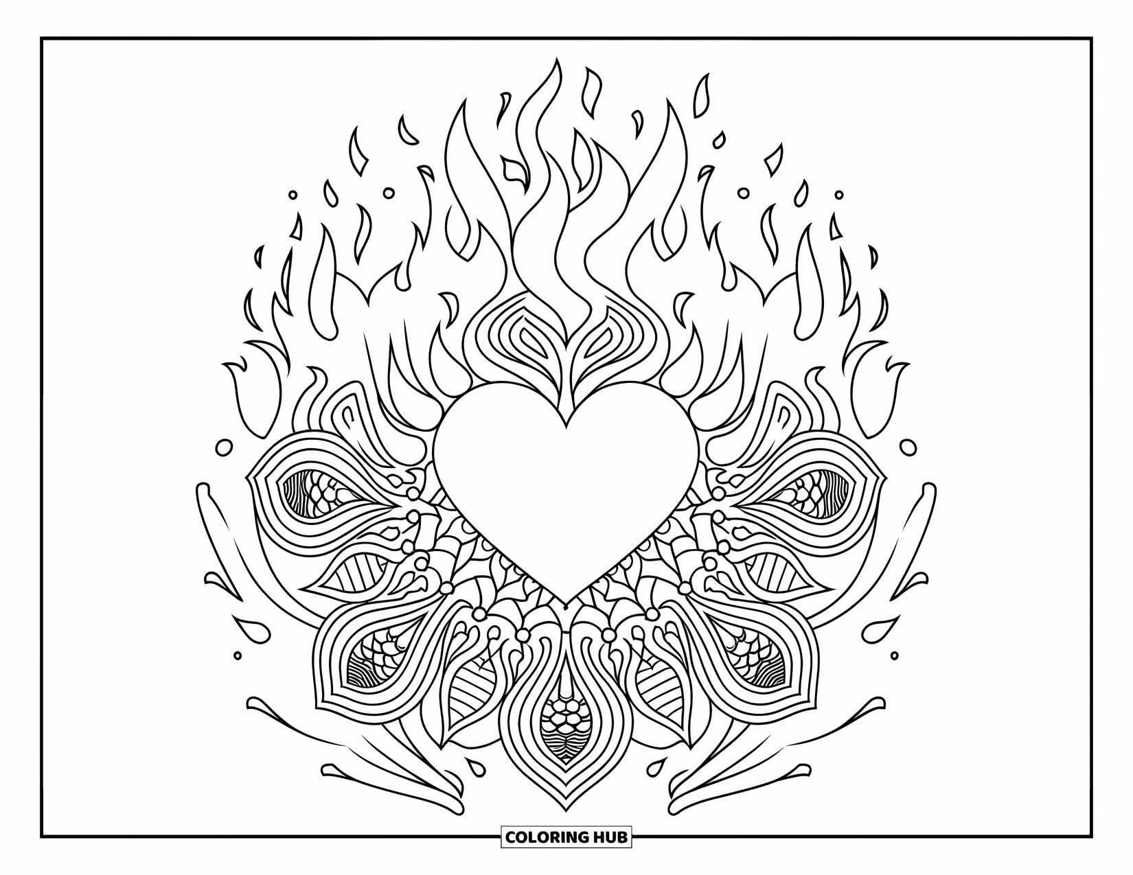 Heart Mandala Coloring Page for Kids: A heart surrounded by radiating flames and swirls creates a bold mandala center