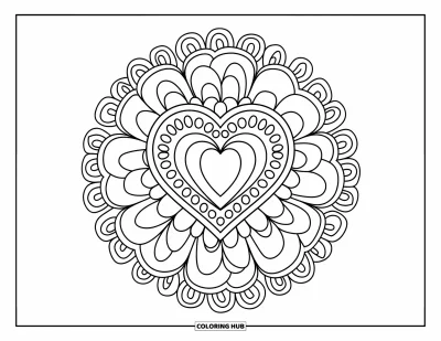 Coloriage de mandala en cœur pour enfants : Un mandala en cœur à couches rempli de spirales et de fleurs, simple mais plein de charme