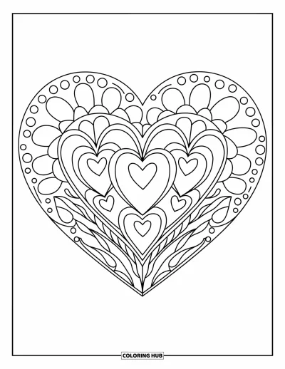 Coloriage de mandala en cœur pour enfants : Un mandala en cœur à plusieurs niveaux, avec des fleurs et des cercles, remplit la page de formes amusantes