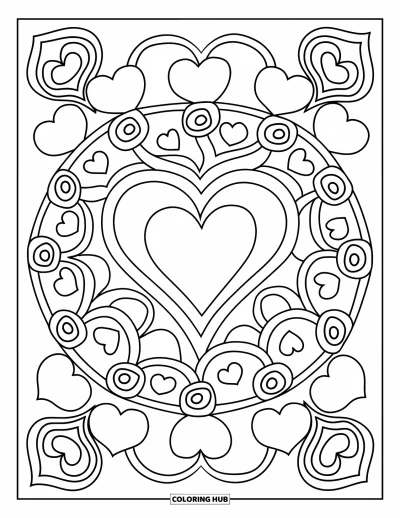 Coloriage de mandala en cœur pour enfants : Un mandala en cœur espiègle remplit la page de boucles, de spirales et de cœurs répétés