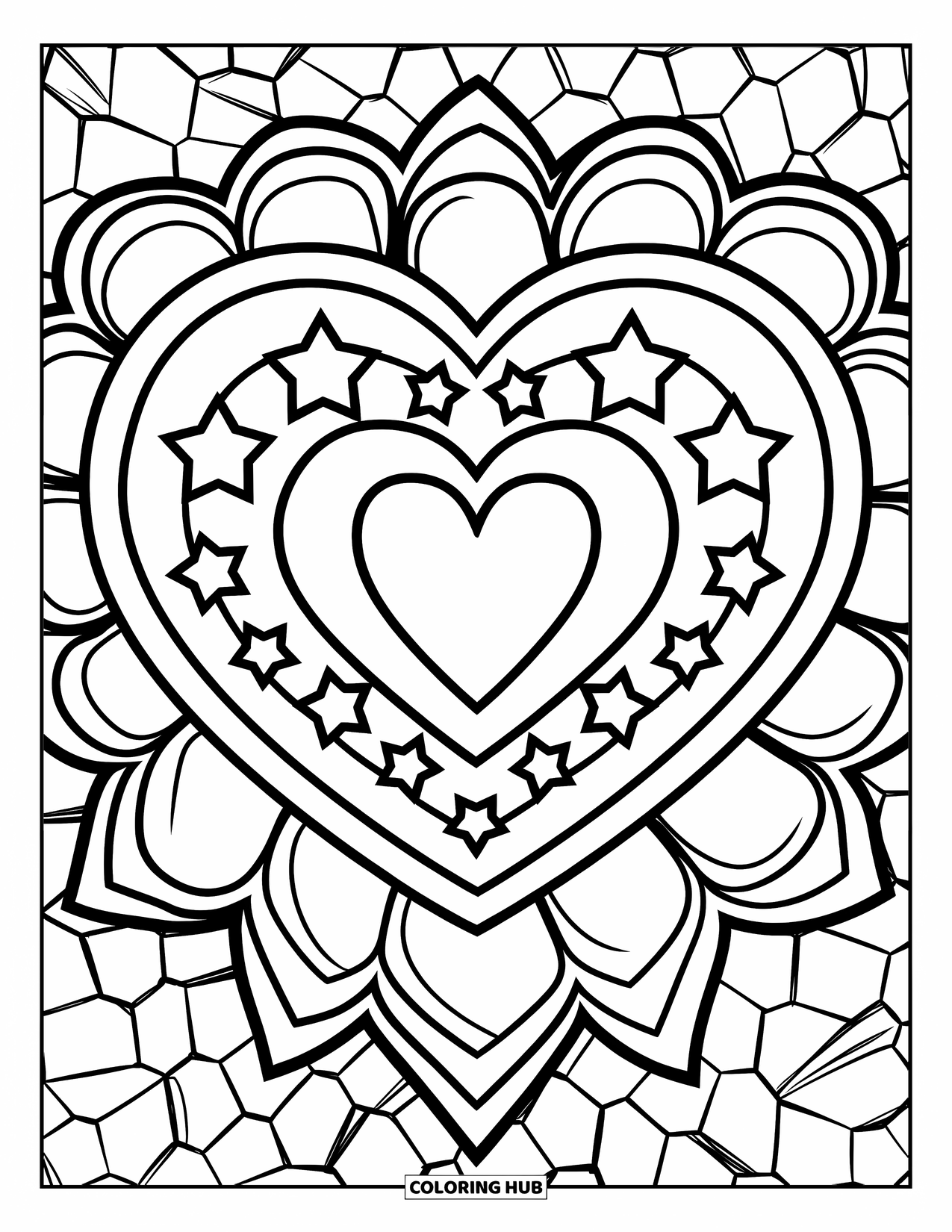 Heart Mandala Coloring Page for Kids: A playful mandala made of stars and hearts fills the page with friendly shapes
