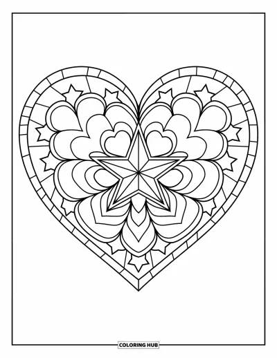 Coloriage de mandala en cœur pour enfants : Une étoile repose au cœur d'un mandala aux formes généreuses qui rayonnent vers l'extérieur
