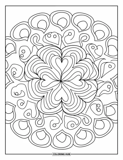 Coloriage de mandala en cœur pour enfants : Des cœurs et des volutes alternés forment un mandala joyeux aux formes entraînantes