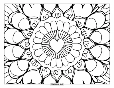 Coloriage de mandala en cœur pour enfants : De grands cœurs et des pétales se mêlent dans ce dessin joyeux adapté aux plus petits