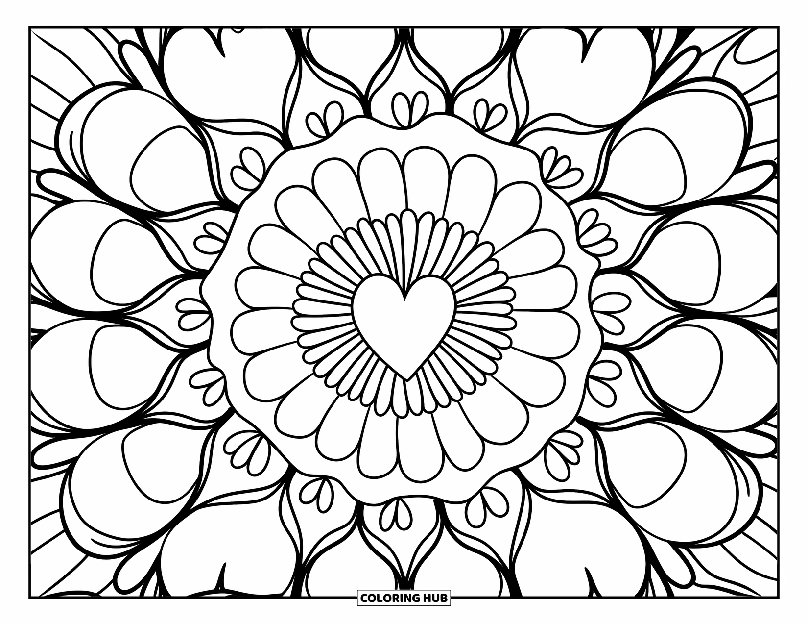 Heart Mandala Coloring Page for Kids: Big bold hearts and petals swirl together in this cheerful preschool-friendly design