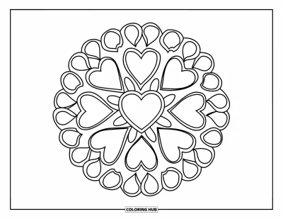 Coloriage de mandala en cœur pour enfants : De grands cœurs et des pétales composent un mandala simple et ludique qui couvre toute la page