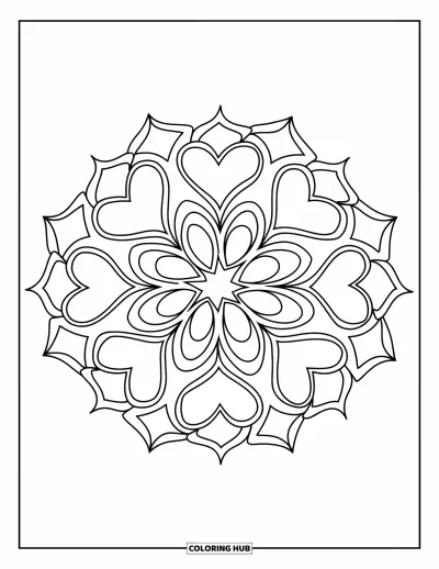 Coloriage de mandala en cœur pour enfants : De grandes étoiles et des cœurs se superposent dans ce dessin de mandala doux et simple