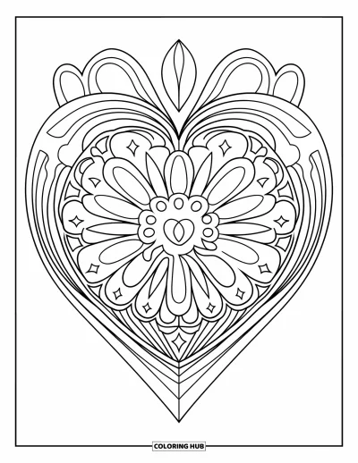 Coloriage de mandala en cœur pour enfants : Des lignes marquées et des losanges encadrent un cœur dans un mandala floral stylisé