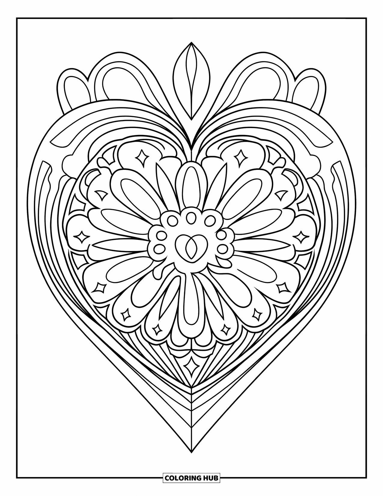 Heart Mandala Coloring Page for Kids: Bold lines and diamond shapes frame a heart in a stylized floral mandala