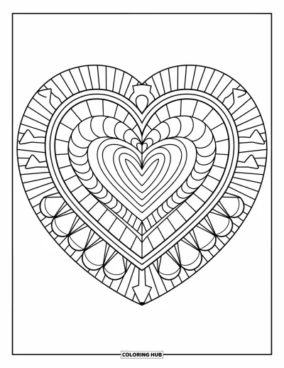 Coloriage de mandala en cœur pour enfants : Des cercles, des cœurs et des rayons remplissent un mandala en cœur moderne, parfait pour l'imagination des ados