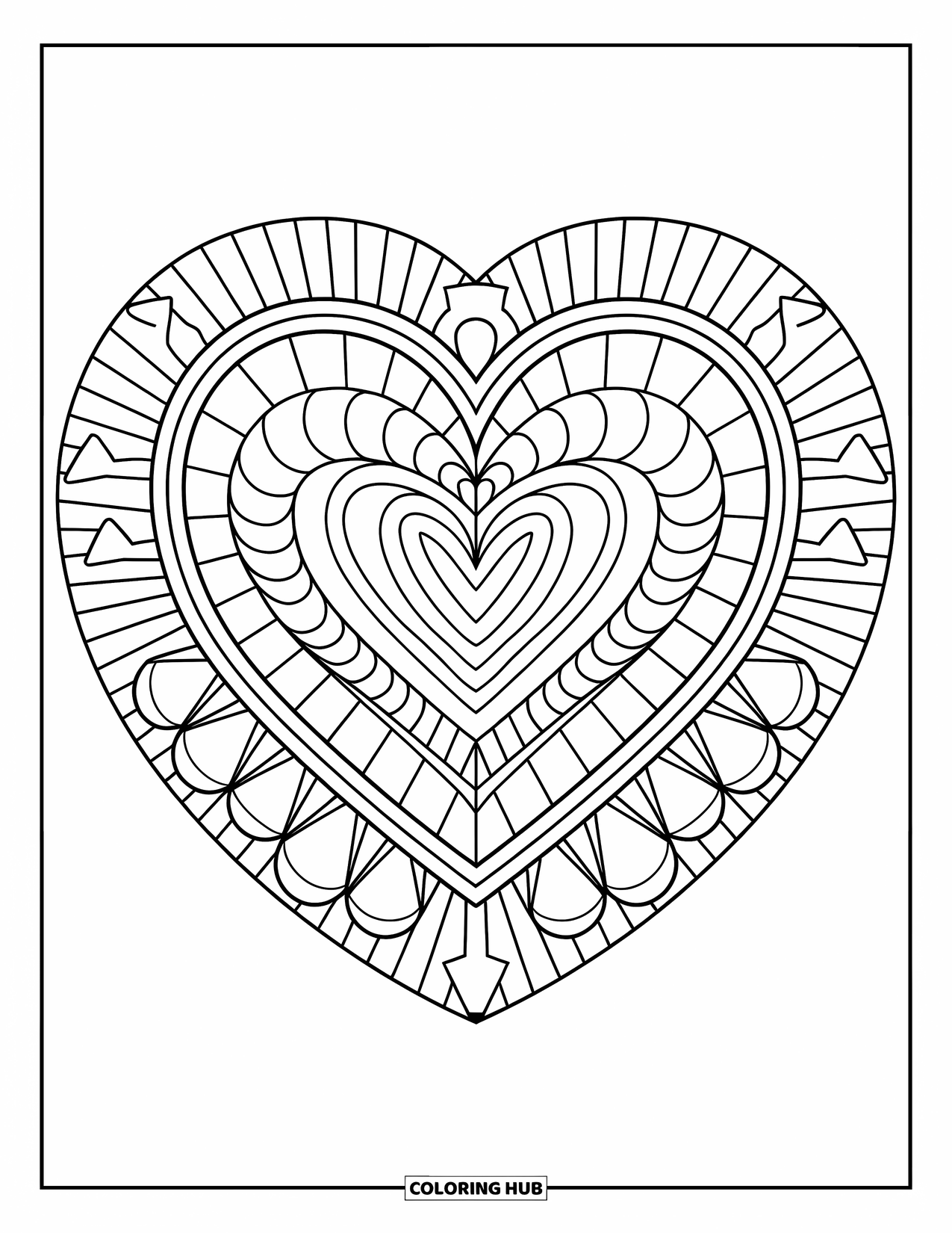 Heart Mandala Coloring Page for Kids: Circles, hearts, and rays fill a modern heart mandala perfect for teen creativity
