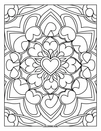 Coloriage de mandala en cœur pour enfants : Des volutes et des cœurs tourbillonnent sur un mandala pleine page avec un motif tribal affirmé